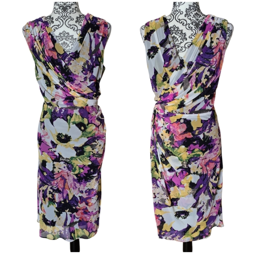Adrianna Papell Purple Yellow Floral Midi Dress